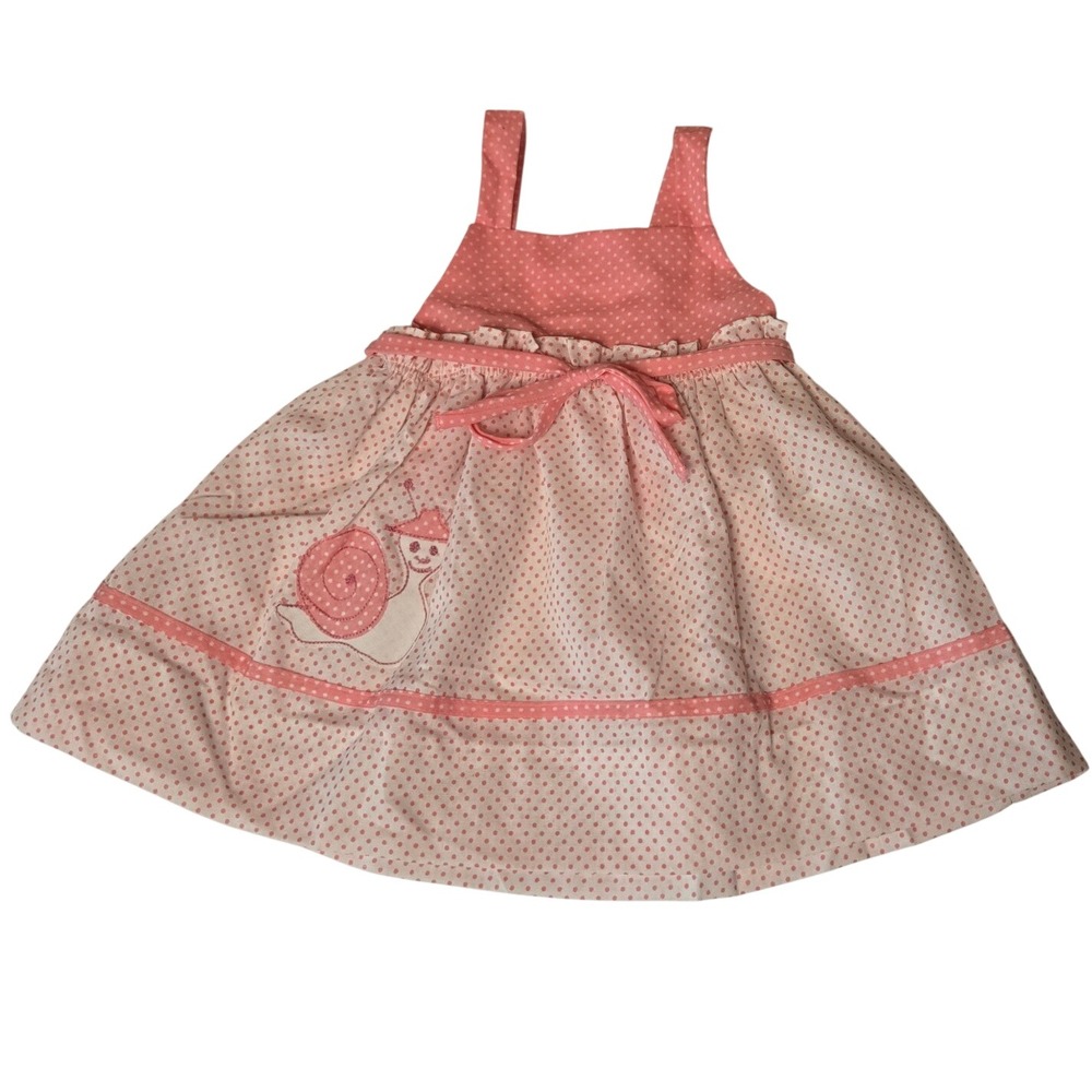 Vintage Nannette Baby Dress 12M Pink Polka Dot Snail Applique USA Sundress